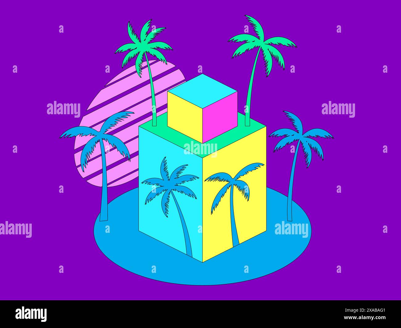 Palmiers et couchers de soleil avec des cubes dans le style du cubisme et du minimalisme. Cubes 3D et palmiers au coucher du soleil dans un style isométrique. Design pour t-shirts, in Illustration de Vecteur