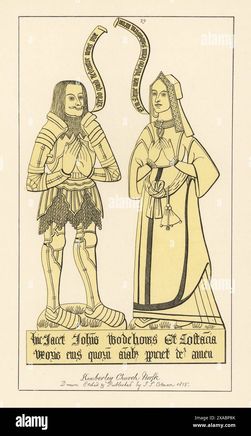 John Wodehows et sa femme Constance, 1465. Deuxième fils d'un héros douteux de la bataille d'Agincourt. Représenté dans une armure de plaque des années 1530 Épouse dans la capuche à pignon et robe avec train. D'un cuivron commémoratif à Kimberley Church, Norfolk. Gravure sur cuivre teintée dessinée, gravée et publiée par John Sell Cotman dans gravures of the Most remarquable of the Sepulchral Brasses in Norfolk, Henry Bohn, Londres, 1818. Banque D'Images