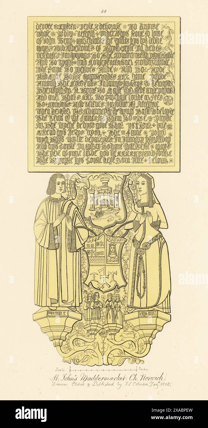 John Terry, riche marchand et maire de Norwich, et son épouse Lettys, 1524. Elle a quatre enfants, deux fils et deux filles, et d'anciennes armoiries de Norwich et de la Compagnie des Mercers ou des aventuriers marchands. Laiton commémoratif dans l'église St John the Baptist Maddermarket, Norwich, Norfolk. Gravure sur cuivre teintée dessinée, gravée et publiée par John Sell Cotman dans gravures of the Most remarquable of the Sepulchral Brasses in Norfolk, Henry Bohn, Londres, 1818. Banque D'Images