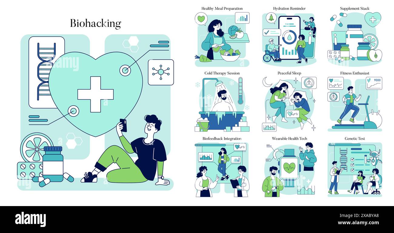 Ensemble de concepts de biohacking. Explorer la structure de l'ADN, la nutrition, la thérapie par le froid, la forme physique et le sommeil pour une santé optimale. Bien-être personnalisé grâce à la technologie. Illustration vectorielle. Illustration de Vecteur