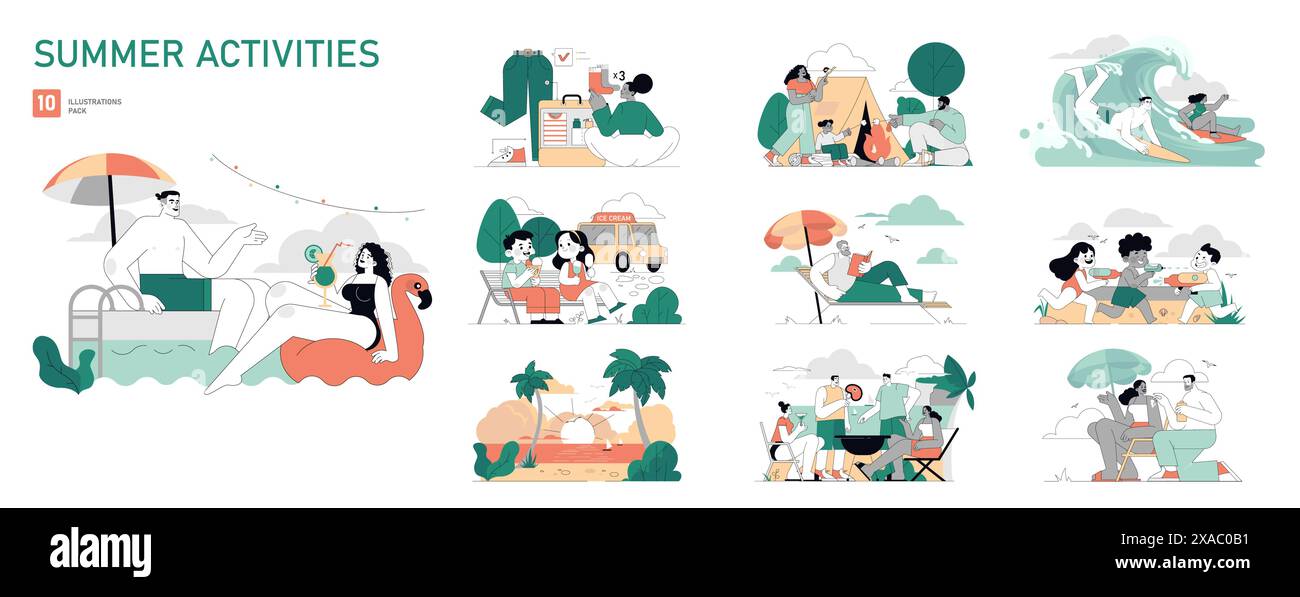 Ensemble d'activités estivales. La série d'illustrations capture des moments de loisirs, de la détente à la plage au plaisir du camping. Vacances tropicales, pique-niques en famille et sports nautiques. Illustration vectorielle. Illustration de Vecteur