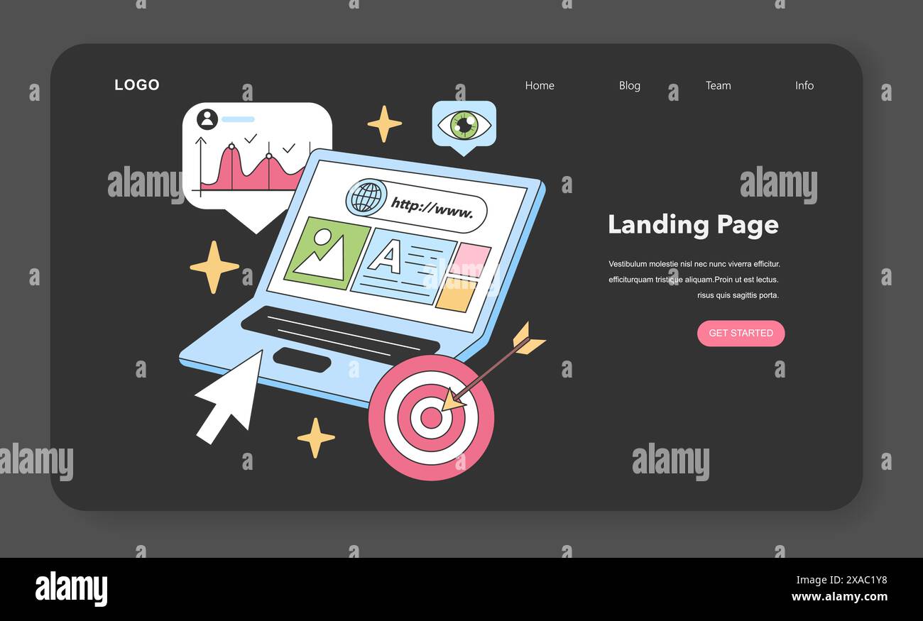 PC portable présente une page de destination dynamique, attirant l'œil du visiteur avec des graphiques et des mesures utilisateur, visant une cible précise. Illustration vectorielle plate Illustration de Vecteur