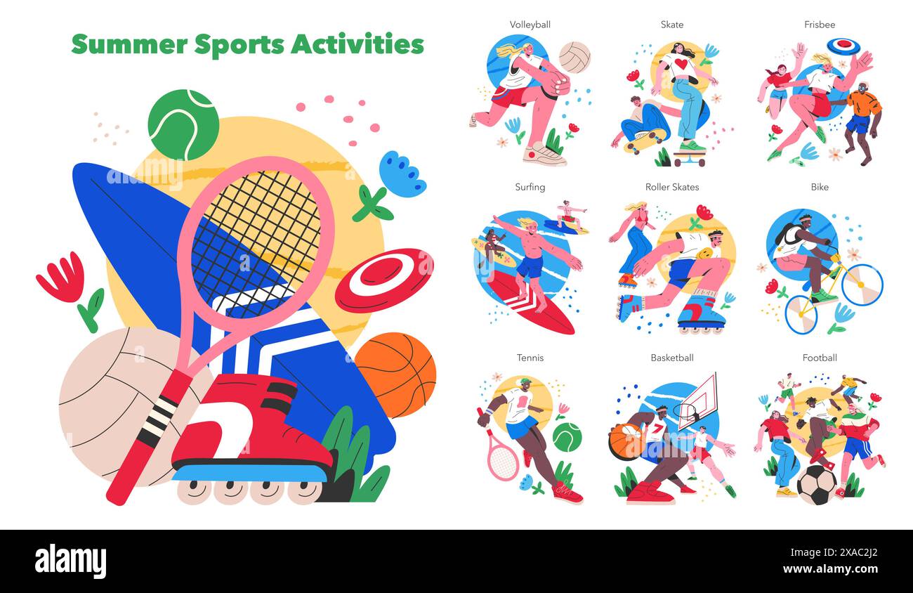 Ensemble d'activités sportives d'été. Sports de plein air dynamiques représentés par des figures colorées et stylisées. Tennis, surf, cyclisme et jeux d'équipe. Illustration vectorielle. Illustration de Vecteur