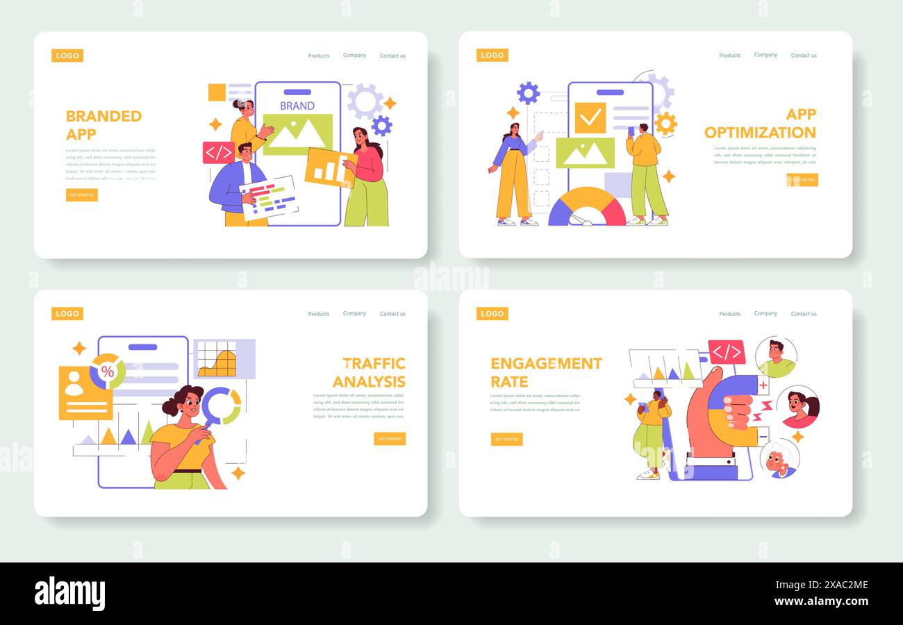 Jeu d'applications de marque. Développement et optimisation d'applications mobiles. Conception de l'interface utilisateur, analyse du trafic et mesures d'engagement. Illustration vectorielle. Illustration de Vecteur