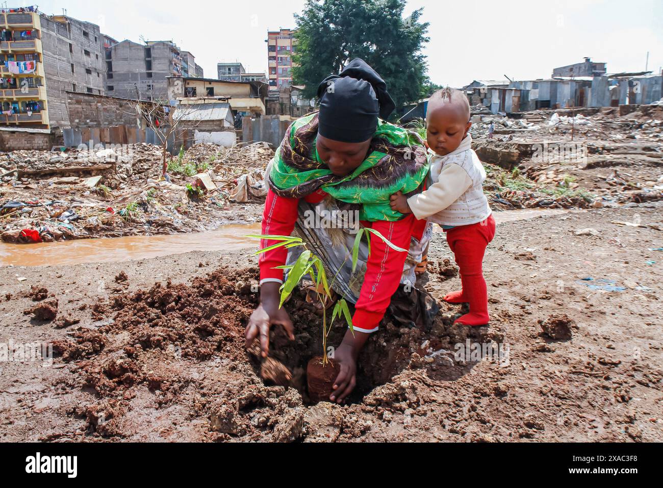 Nairobi, Kenya. 05 juin 2024. Une mère kenyane et son fils résidents du bidonville de Kiamako participent à la plantation d'un arbre près d'un site de maisons détruites par les inondations le long de la rive de la rivière Mathare lors des célébrations pour marquer la Journée mondiale de l'environnement est célébrée chaque année le 5 juin et encourage la sensibilisation et l'action pour la protection de l'environnement. Le thème de 2024 est la restauration des terres, la désertification et la résilience à la sécheresse. (Photo de Boniface Muthoni/SOPA images/SIPA USA) crédit : SIPA USA/Alamy Live News Banque D'Images