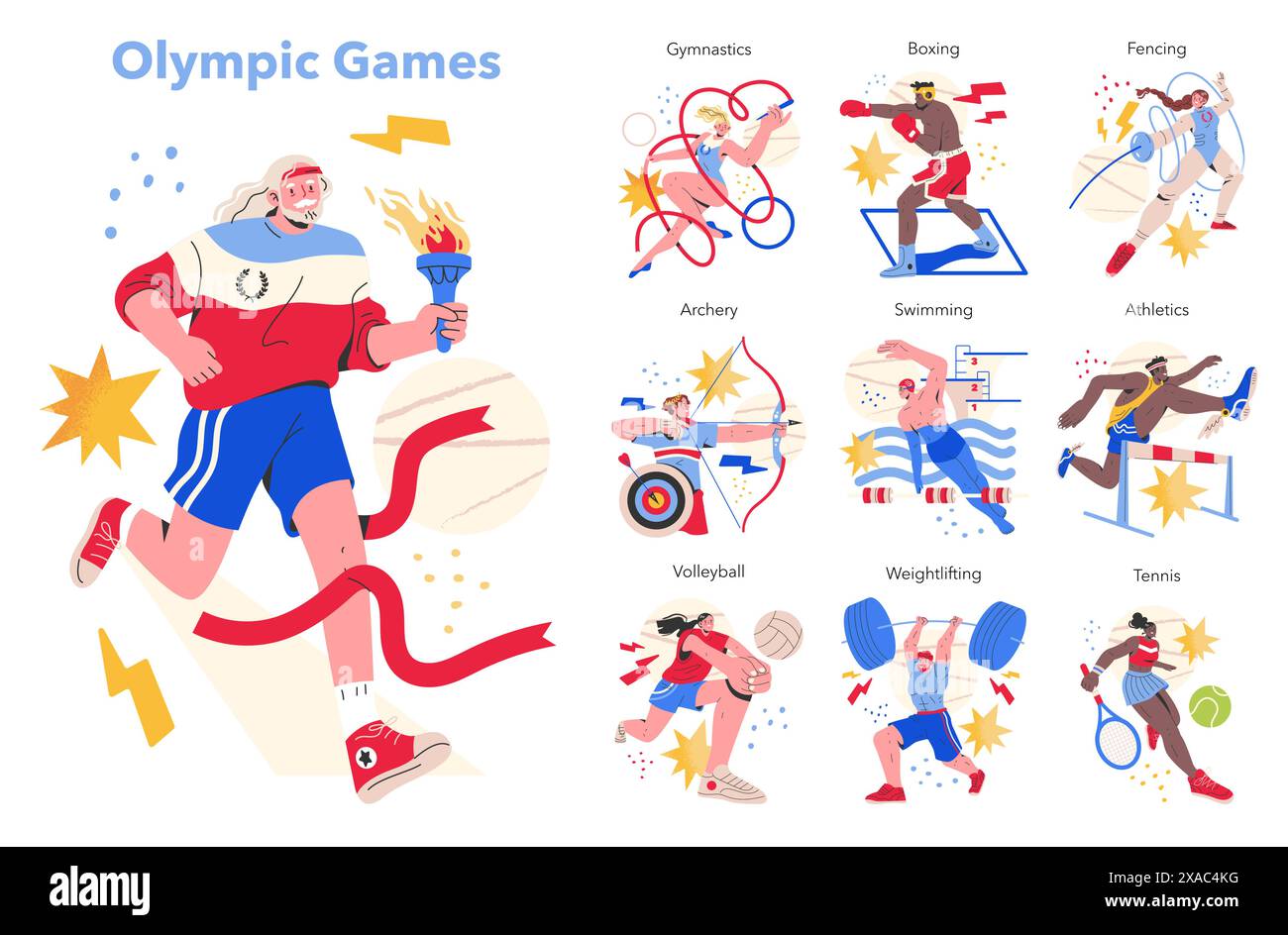 Concept des Jeux Olympiques. Illustration dynamique présentant divers sports, de la boxe à la natation, célébrant les prouesses athlétiques. Illustration vectorielle. Illustration de Vecteur