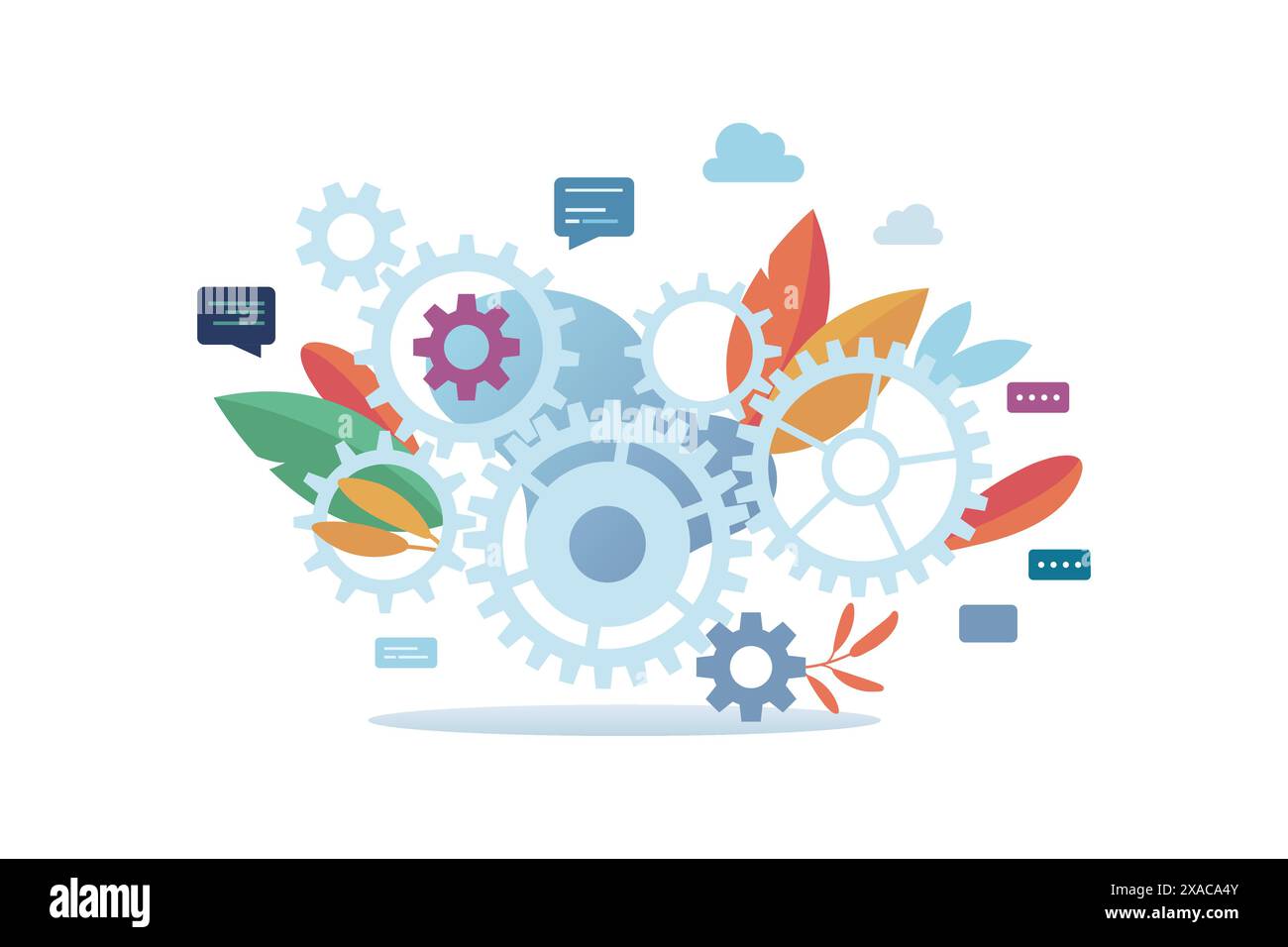 Système de mécanisme style plat décoré avec des plantes colorées. Illustration vectorielle Illustration de Vecteur