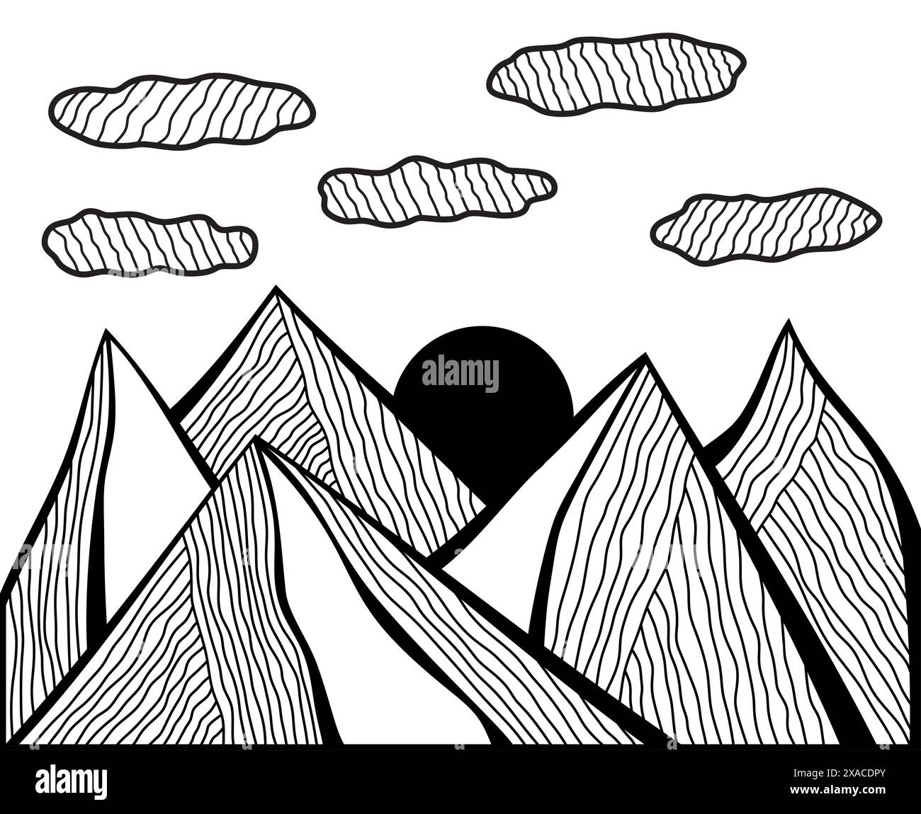 Conception de montagne vectorielle avec triangle et style géométrique de ligne. Ciel et soleil. Couleurs noir et blanc. Illustration de Vecteur