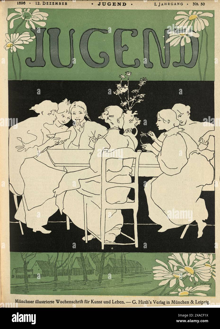 Couverture de magazine Vintage pour Jugend, jeune femme assise autour d'une table lisant lettre d'amour, Art Nouveau, Jugendstil, histoire 19ème siècle, illustration Vintage Banque D'Images