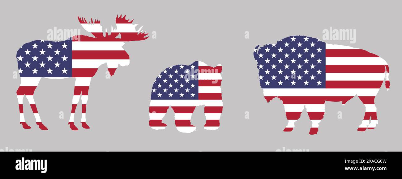 Silhouette d'ours, de bison et d'orignal aux couleurs du drapeau américain. Illustration animale dans les couleurs nationales. Banque D'Images