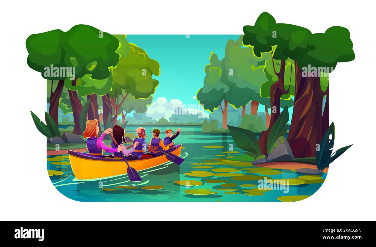 Jeunes gens faisant du kayak sur la rivière tropicale. Illustration vectorielle de dessins animés d'hommes et de femmes assis dans un bateau en bois avec des rames dans les mains, pagayant sur le lac dans la forêt tropicale verte avec des arbres, vacances actives Illustration de Vecteur