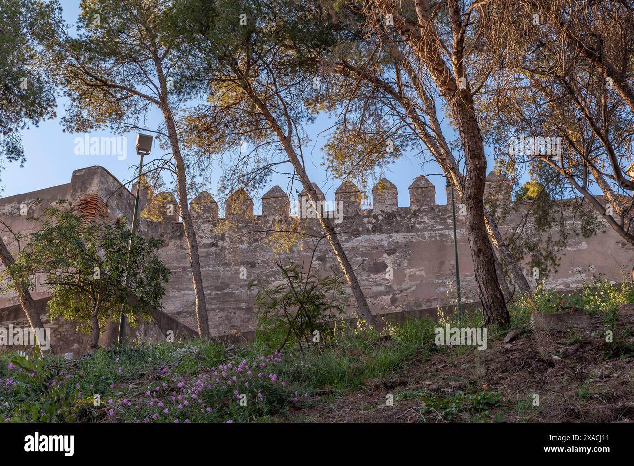 Les murs crénelés de l'ancien château de Gibralfaro, Malaga, Espagne Banque D'Images