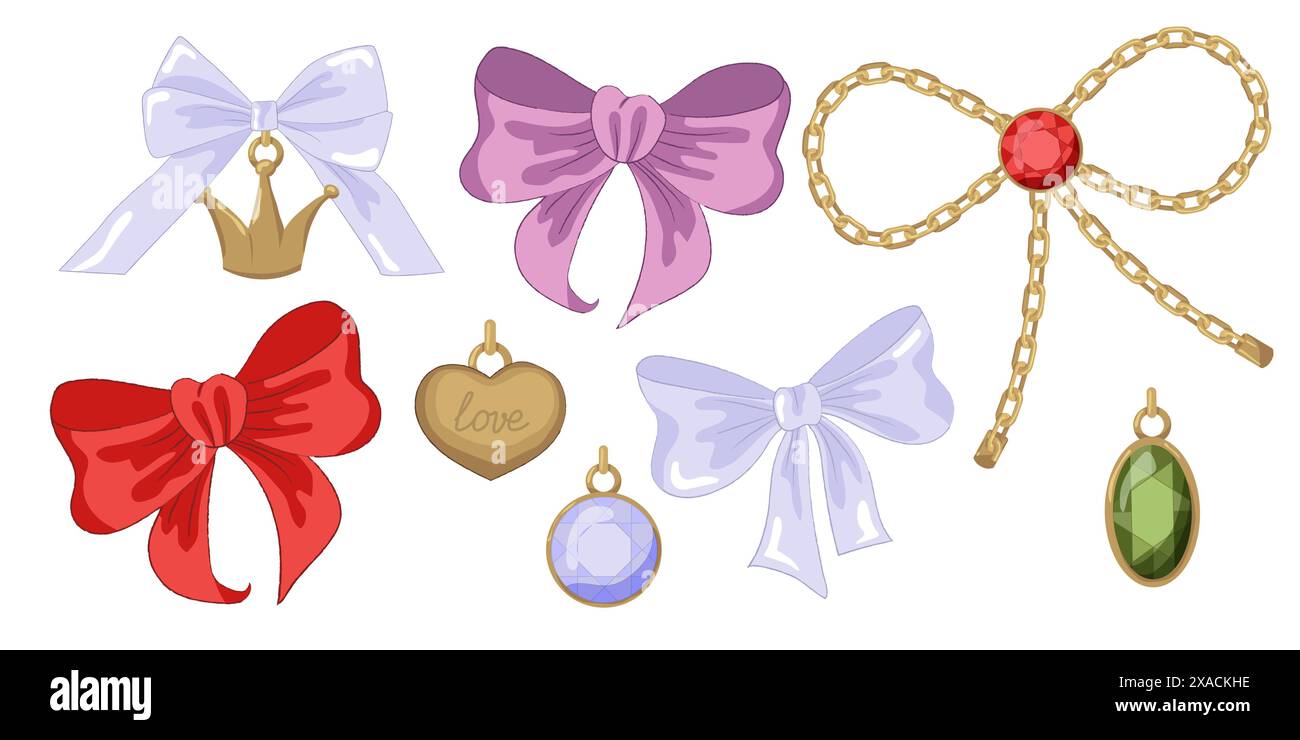 Illustration vectorielle de l'arc vintage girly et du ruban de cadre chaîne dorée et ensemble de bijoux. Rubans isolés. Accessoires tendance coquette filles. Illustration de Vecteur