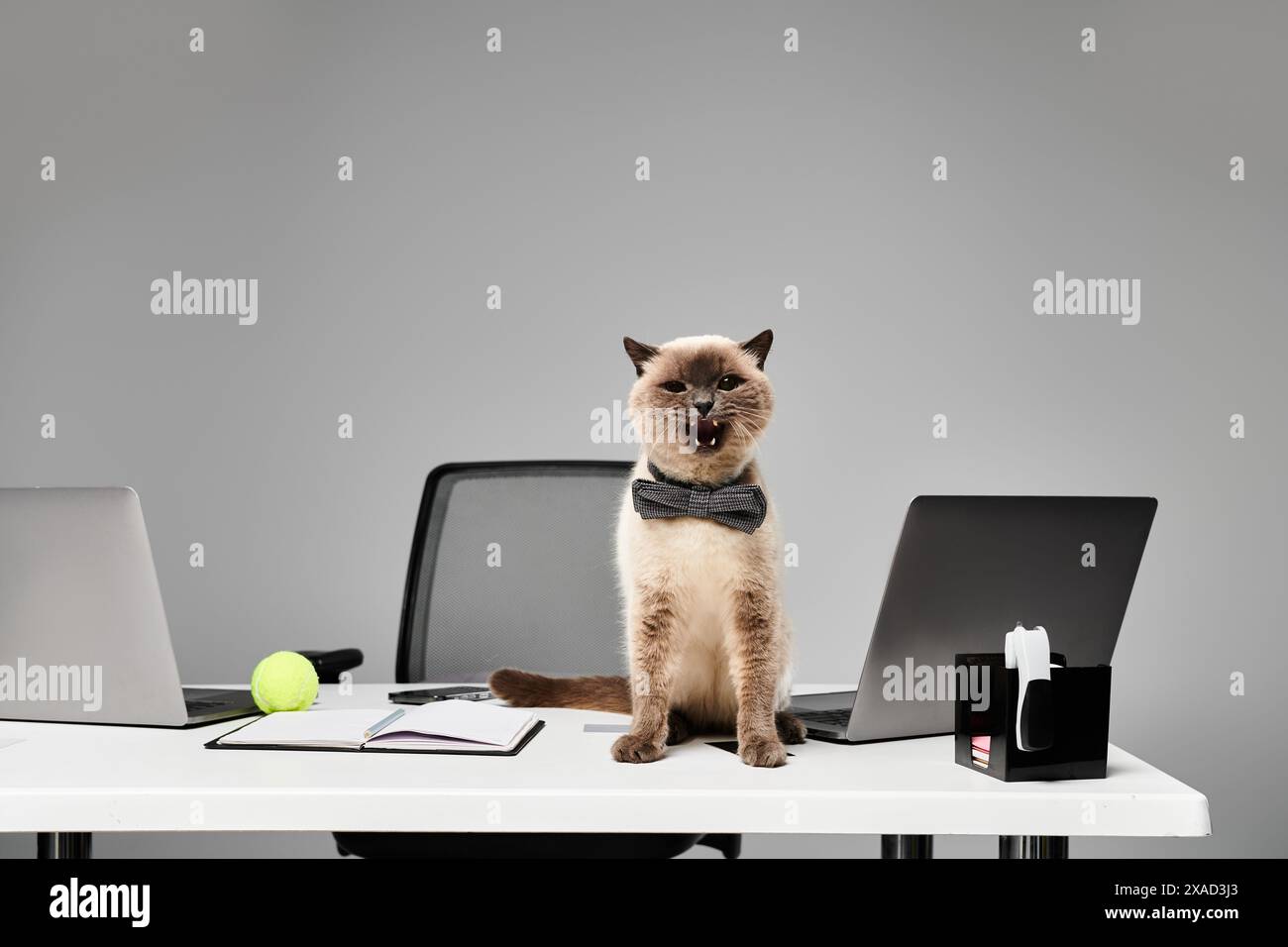 Un chat majestueux est assis élégamment sur un bureau encombré dans un cadre de studio, mettant en valeur l'essence d'un animal domestique. Banque D'Images