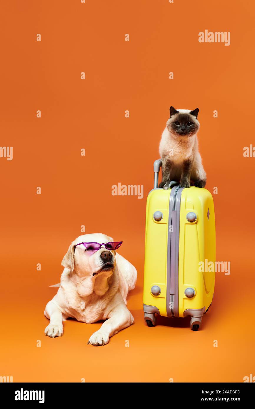 Un chat est assis au sommet d'une valise jaune à côté d'un chien dans un cadre de studio, incarnant le concept d'animal domestique et d'ami à fourrure. Banque D'Images
