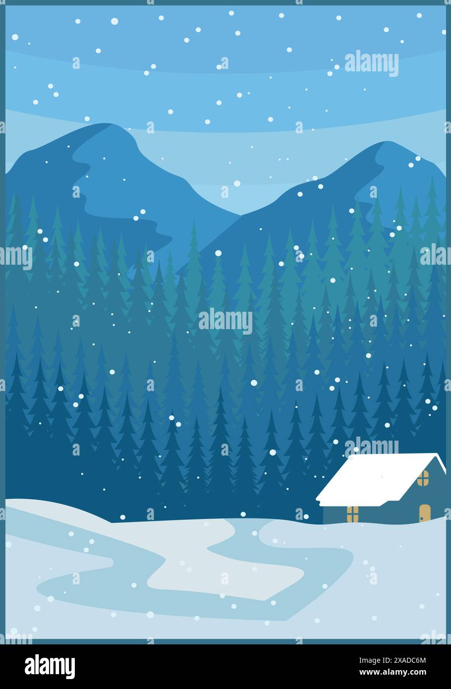 Cabane affiche vintage pin arbre de paysage de montagne forêt dans la conception d'illustration de fond de neige Illustration de Vecteur