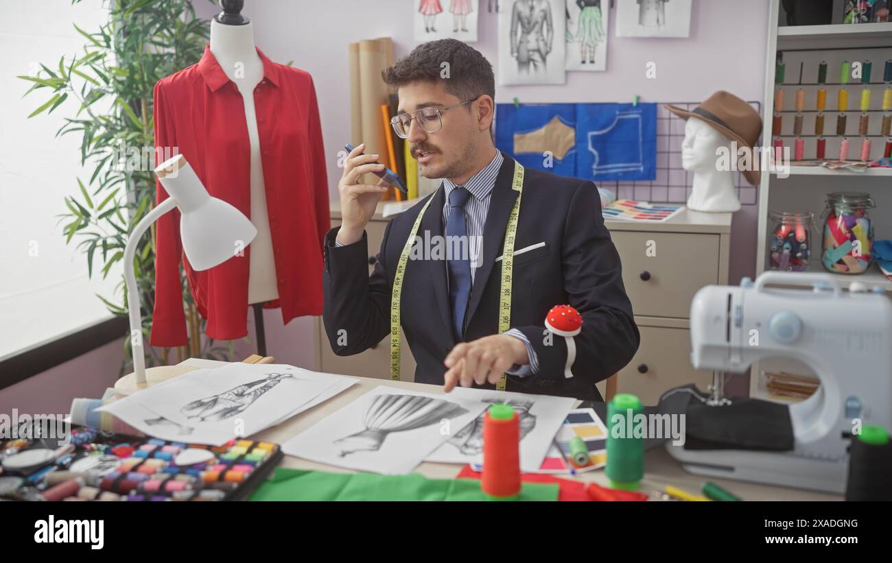 Beau tailleur hispanique avec moustache discutant du design dans un atelier coloré, entouré d'articles de couture et de croquis. Banque D'Images