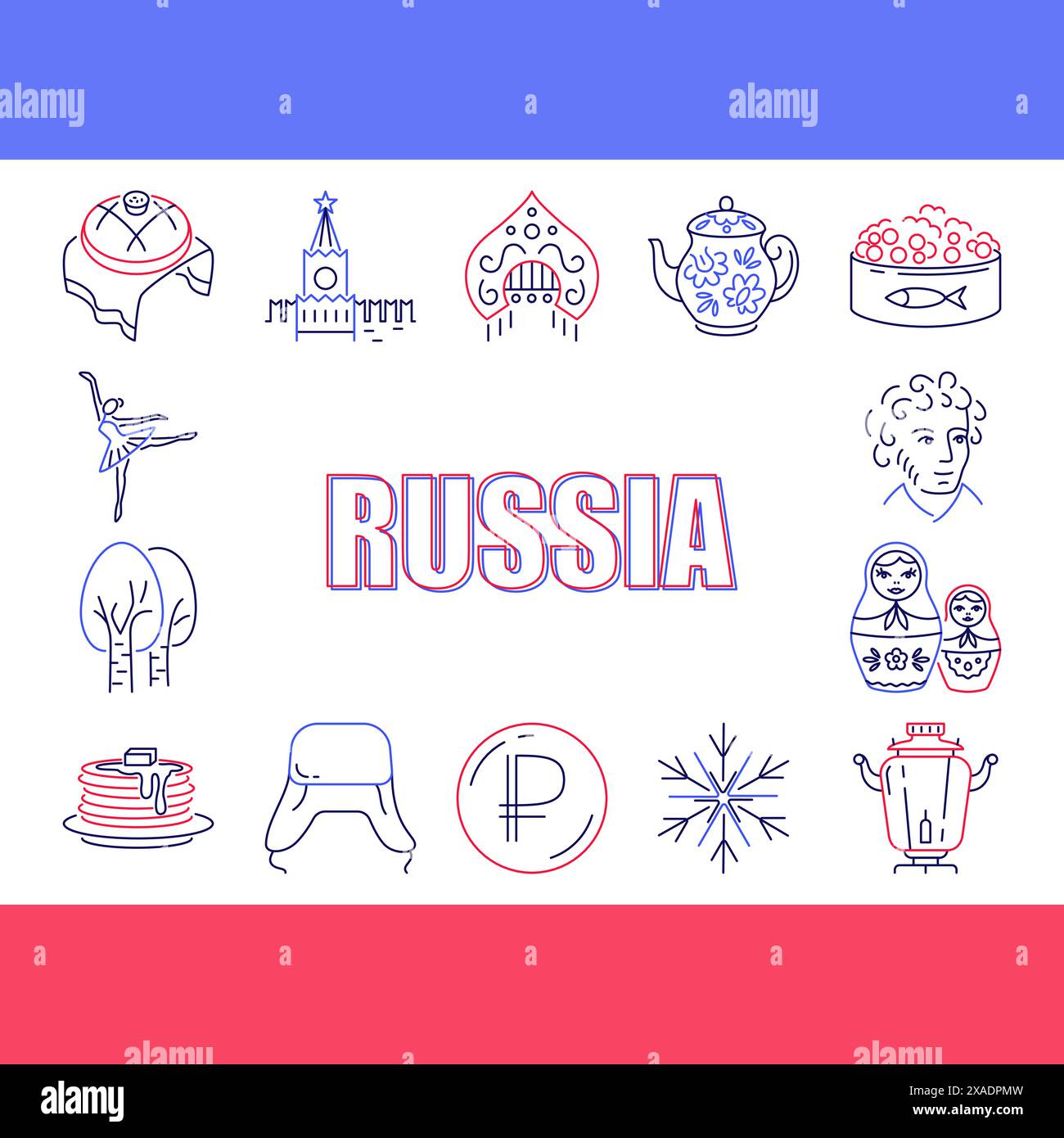 Affiche avec la culture russe et les icônes de ligne de nourriture. Symboles traditionnels russes. Illustration vectorielle. Illustration de Vecteur