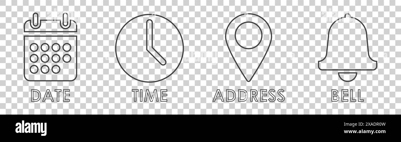 emplacement, adresse, heure, icône de date sur fond blanc Illustration de Vecteur