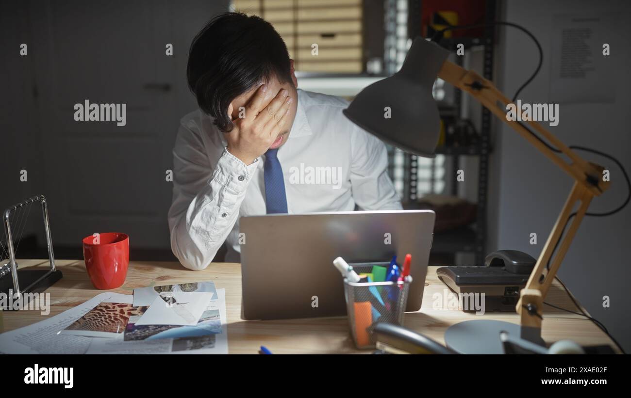 Homme asiatique stressé dans le bureau avec ordinateur portable, photos, preuves, lampe de bureau, et tasse rouge, projeter le travail d'enquête. Banque D'Images