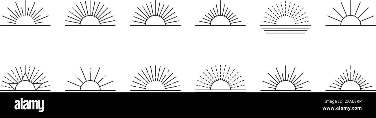 Set de doodle d'encre de coucher de soleil ou de lever de soleil. Illustration de ligne simple du soleil, de la lumière du soleil, des rayons dans divers modèles. Collection d'icônes solaires pour isotériques Illustration de Vecteur