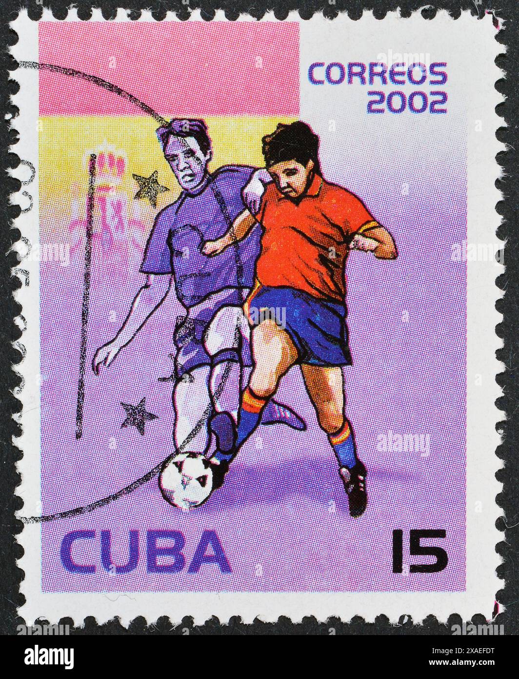 Timbre-poste oblitéré imprimé par Cuba, qui montre un joueur de football espagnol, Coupe du monde de la FIFA 2002 - Corée et Japon, vers 2002. Banque D'Images