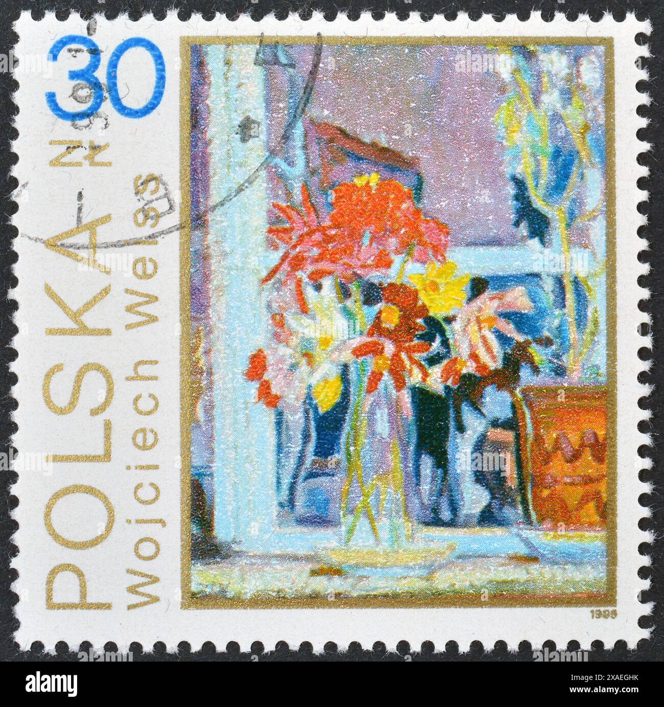 Timbre-poste oblitéré imprimé par la Pologne, qui montre la peinture fleurs de Wojciech Weiss (1875-1950), des peintures de fleurs au Musée national Banque D'Images Timbre-poste oblitéré imprimé par la Pologne, qui montre la peinture fleurs de Wojciech Weiss (1875-1950), des peintures de fleurs au Musée national Banque D'Images