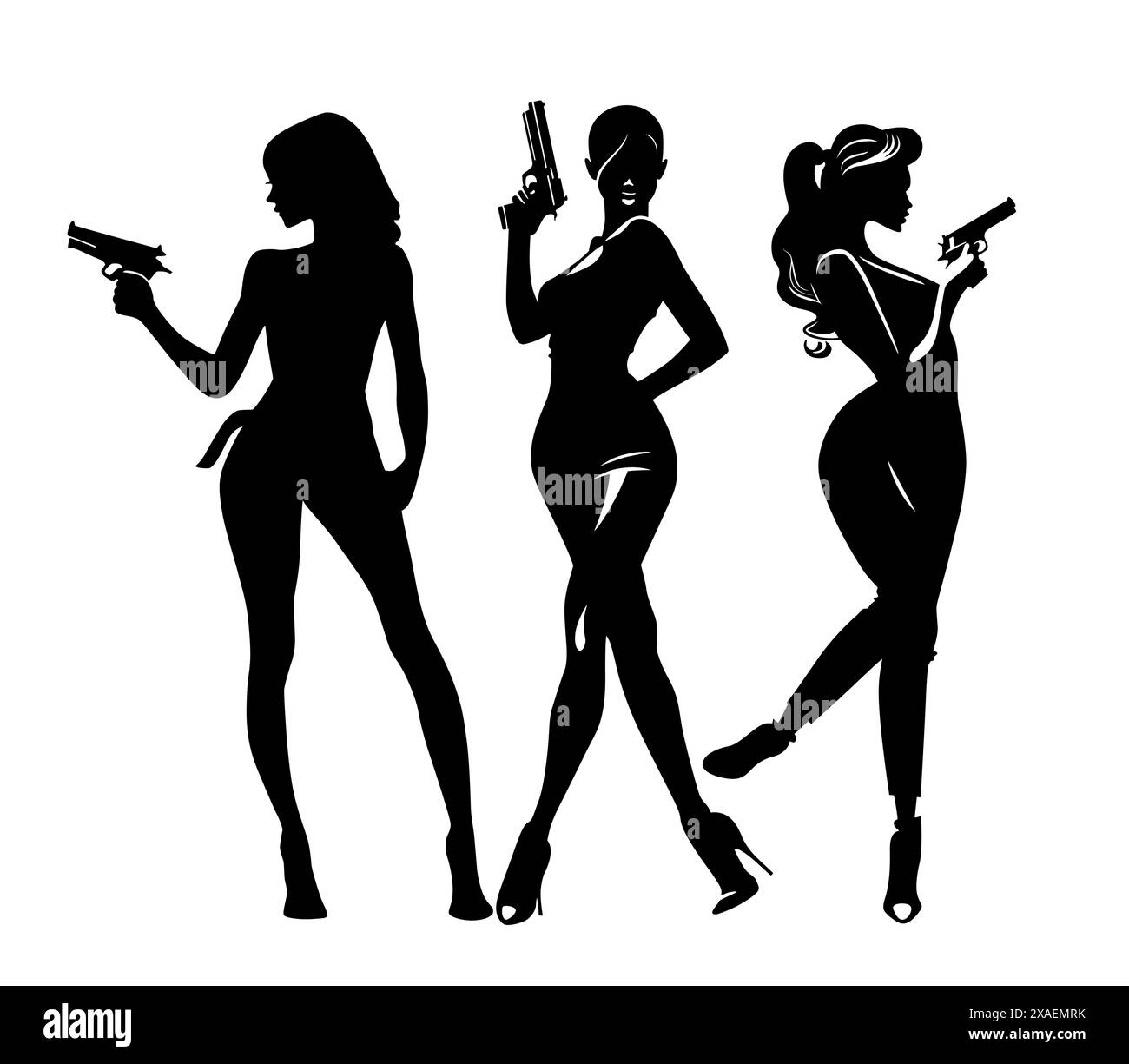 Silhouettes de femmes élégantes en costumes et robes et avec un pistolet dans leur main sur un fond blanc. Illustration sur le thème de Bond d'une fille espion de tir Illustration de Vecteur