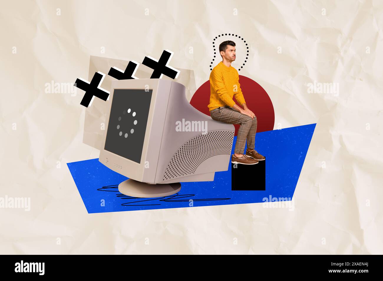 Image de collage composite d'image de mini Guy pense chargement d'écran d'ordinateur isolé sur fond créatif Banque D'Images