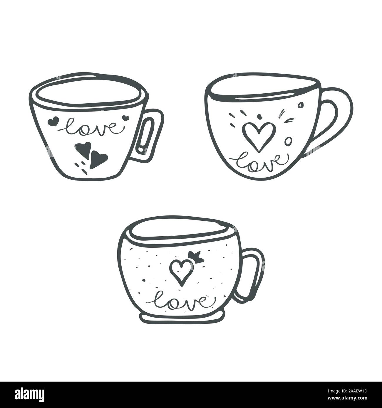 Tasse symbole amour Clip art Set. Icône Doodle, style d'esquisse dessiné à la main, ligne de trait de pinceau décoratif, éléments isolés linéaires de contour noir, rétro Illustration de Vecteur