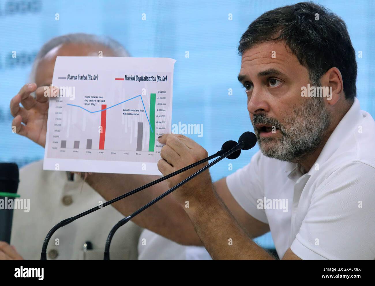 New Delhi, Inde. 06 juin 2024. Rahul Gandhi, chef du parti du Congrès national indien, montre un graphique des mouvements boursiers lors d'une conférence de presse au siège du All India Congress Committee (AICC) à New Delhi. Le premier ministre Narender Modi et le ministre de l'intérieur de l'Union Amit Shah seraient impliqués dans la plus grande escroquerie boursière dans laquelle les investisseurs ont perdu Rs 30 Lakh crores indiens. Crédit : SOPA images Limited/Alamy Live News Banque D'Images