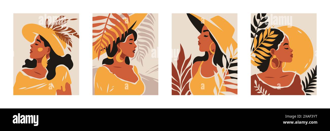 Mode femme africaine portrait d'été tropical feuilles vintage fond d'affiche d'art contemporain set vecteur illustration plate. Beauté Afro femelle natu Illustration de Vecteur