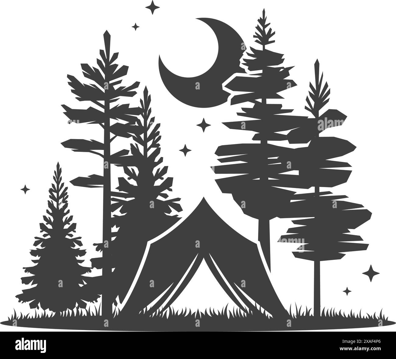 Tente de camping Halt nuit épicéa forêt demi-lune paysage vintage icône design illustration vectorielle. Expédition de randonnée de camp nature d'été voyage en plein air Illustration de Vecteur
