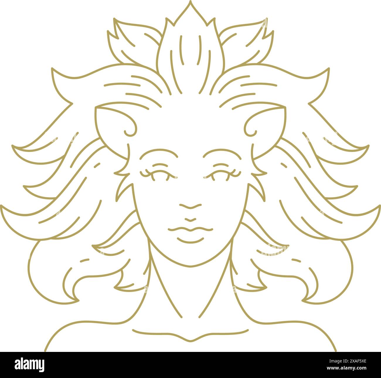 Personnage de mythologie de déesse féminine lion avec crinière portrait ligne art déco vintage logo illustration vectorielle. Leo femme face au personnage mythique antique fac Illustration de Vecteur