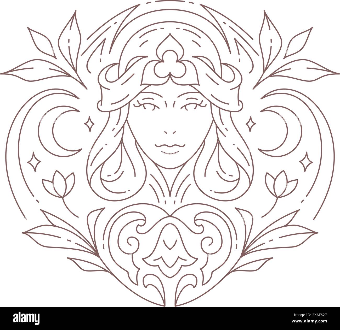 Femme déesse mystique magique sorcière portrait fleurs abstraites logo de ligne minimale pour l'illustration vectorielle de salon de beauté spa. Silhouette féminine florale demi m Illustration de Vecteur