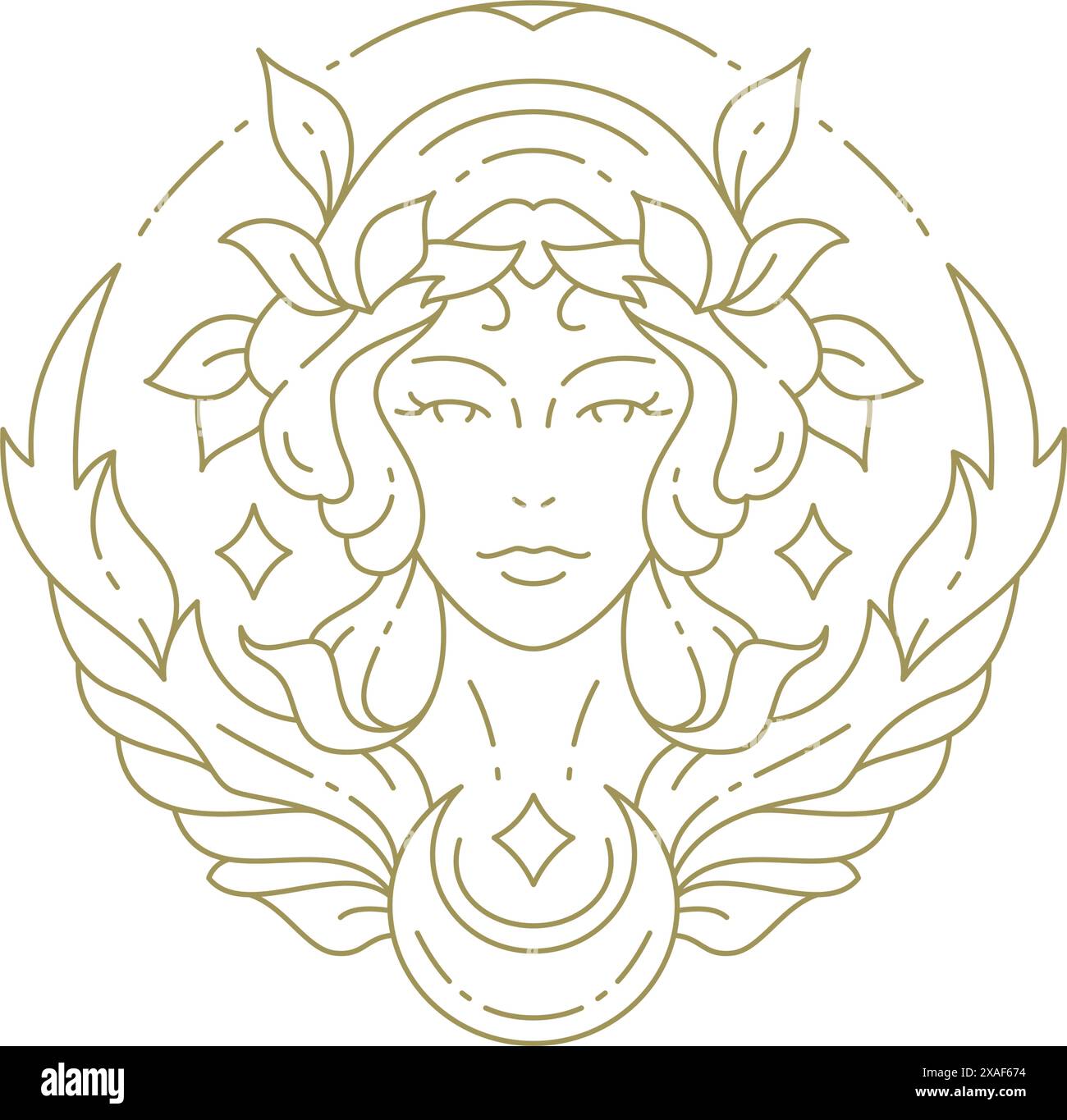 Femme magique sacrée avec des fleurs fleurs fleurs feuilles et ailes ligne minimale illustration vectorielle de logo doré. Déesse sorcière de rêve mystique avec icône de demi-lune Illustration de Vecteur