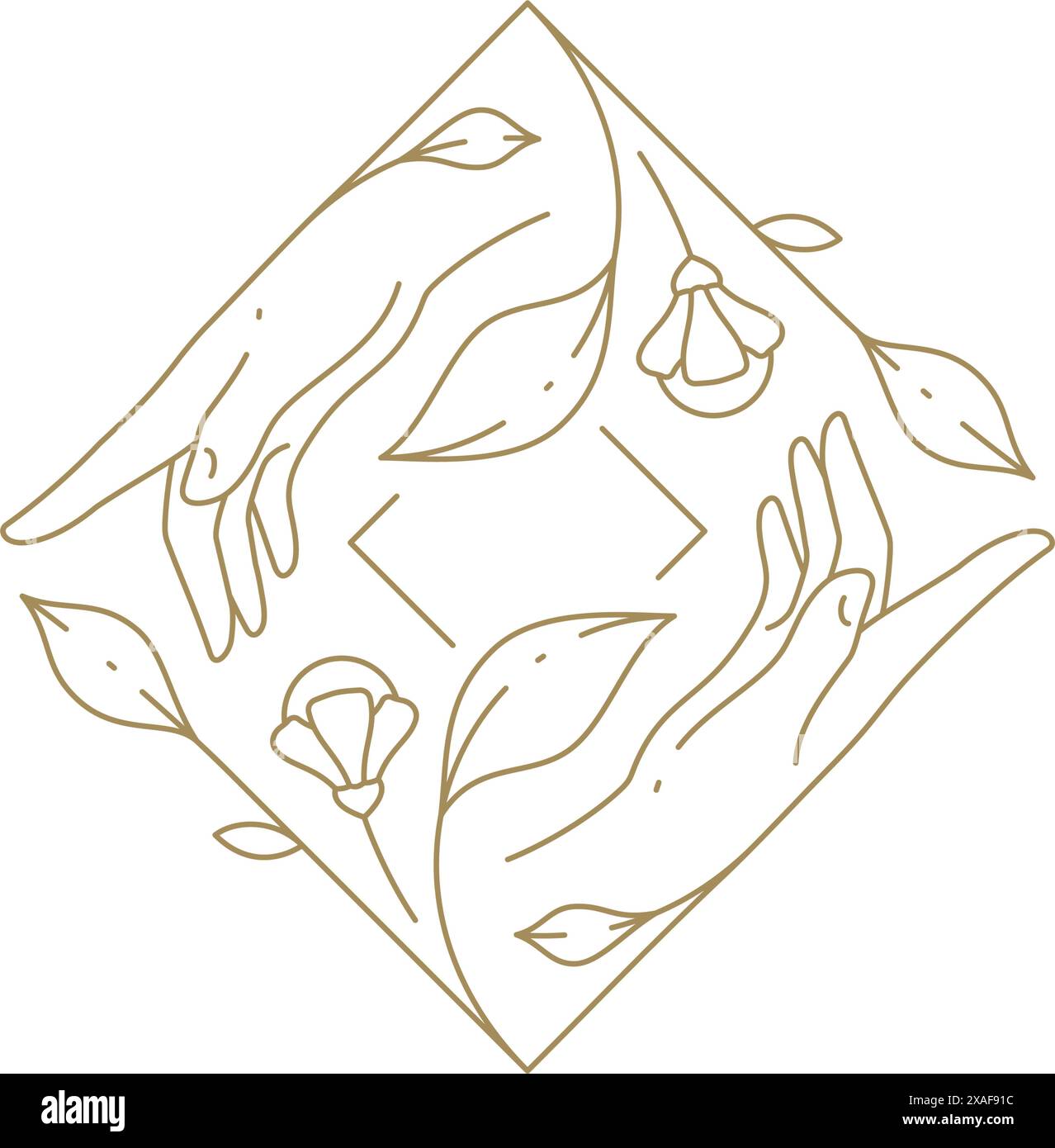Bordure carrée romantique de fleur de printemps décorée par des branches naturelles avec illustration vectorielle d'icône de ligne de mains humaines. Élégant cadre fleur mariage art déc Illustration de Vecteur