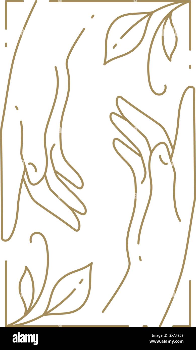 Bordure carrée romantique de fleur de printemps décorée par des branches naturelles avec illustration vectorielle d'icône de ligne de mains humaines. Élégant cadre fleur mariage art déc Illustration de Vecteur