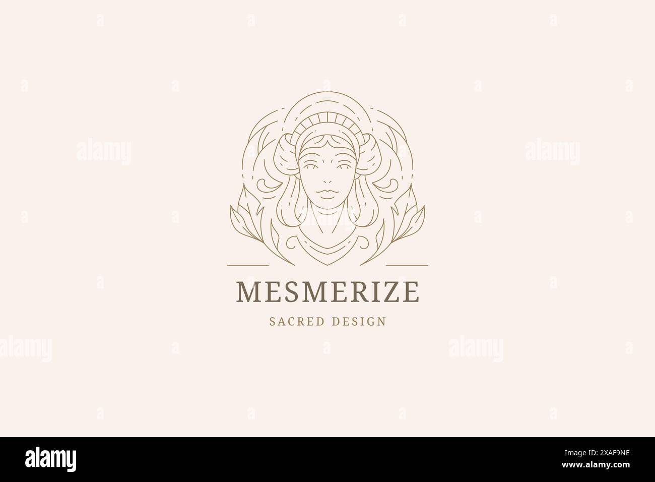 Portrait de femme de mode antique avec des feuilles ornement floral minimal Line art logo design illustration vectorielle. Ancienne déesse belle femelle Illustration de Vecteur