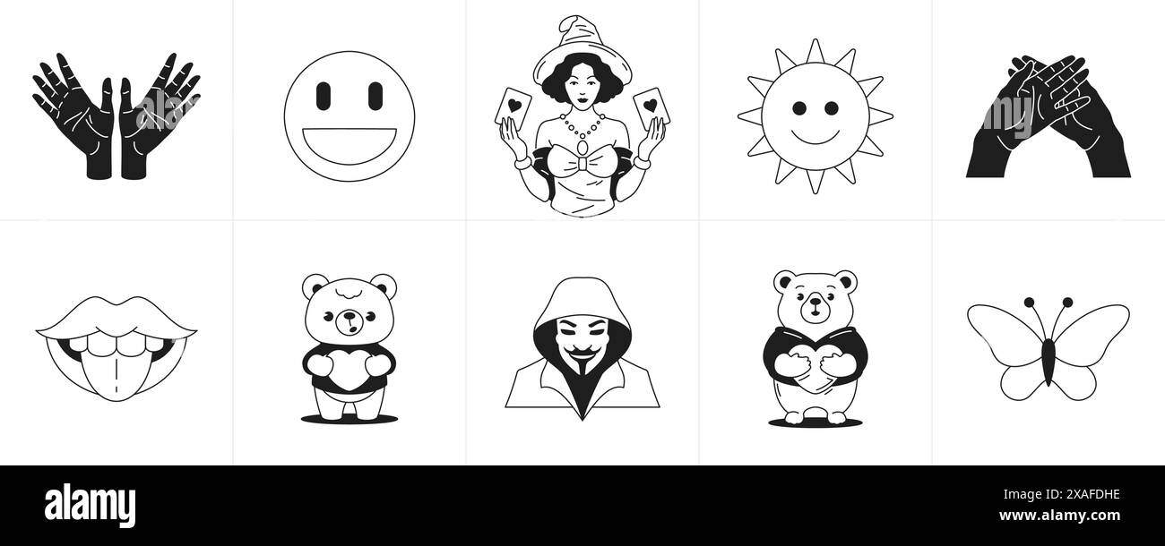 Monochrome rétro groovy autocollants personnages de dessin animé à la mode et éléments ligne icône set illustration vectorielle. Surreal minimal symbole mains smiley femme m Illustration de Vecteur