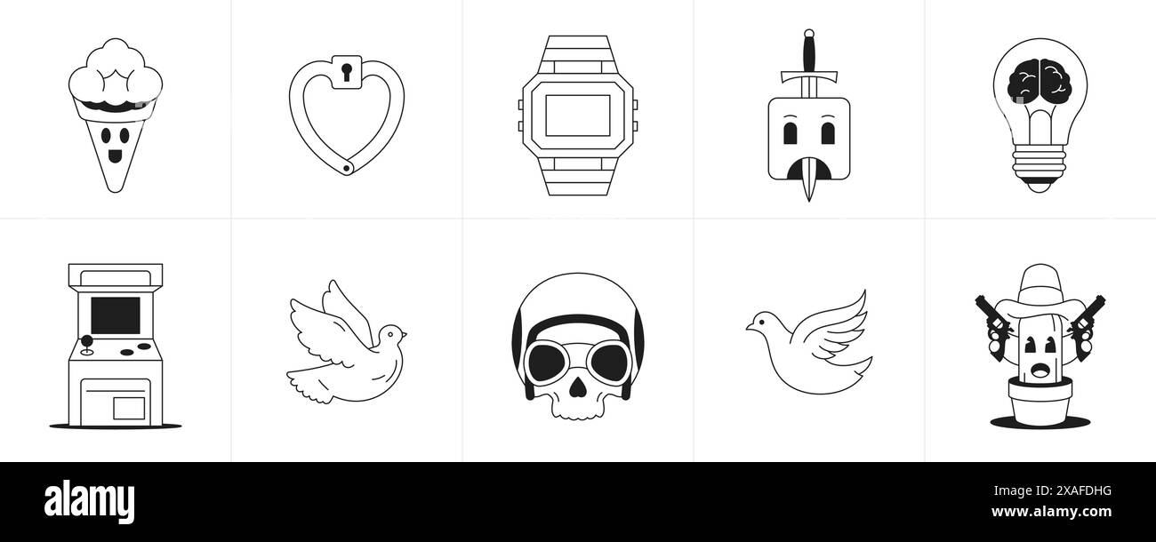 Psychédélique tendance monochrome stickers de ligne de dessin animé personnages rétro groovy icône set illustration vectorielle. Surreal funky Elements crème glacée coeur poignet Illustration de Vecteur