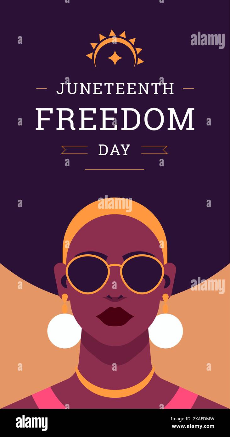 Junetenth Freedom day affiche des médias sociaux forte puissance noire africaine portrait vecteur illustration plate. Afro fashion féminin face courageuse féministe Illustration de Vecteur