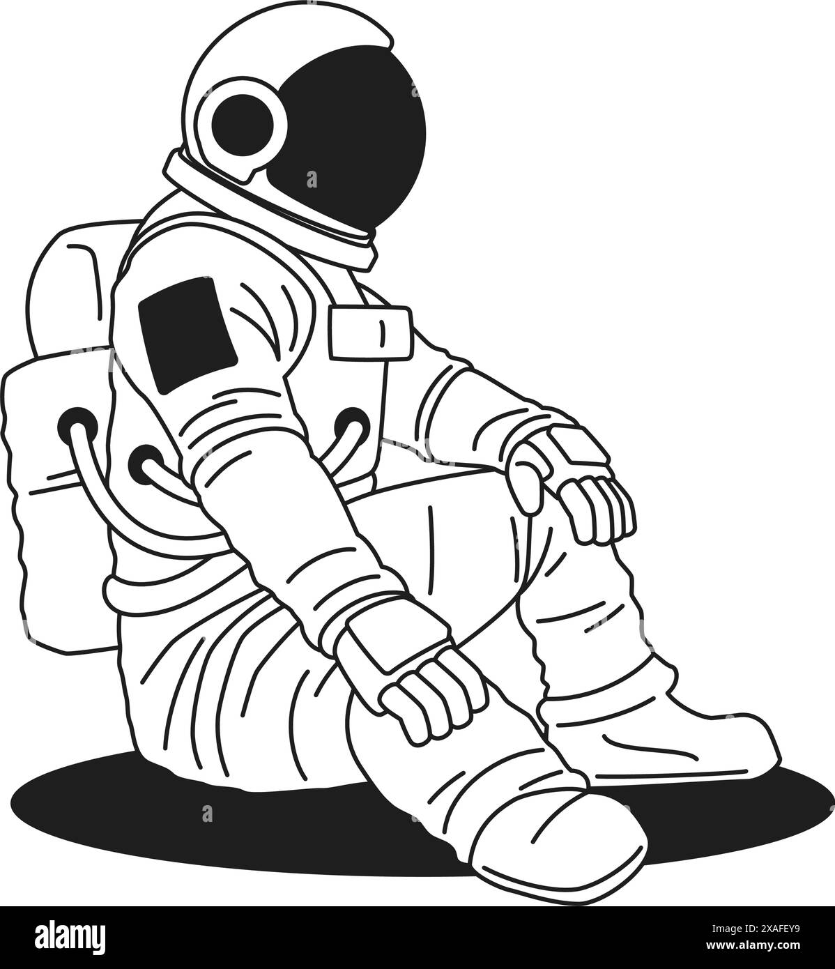 Y2K astronaute dans la combinaison spatiale et casque assis monochrome ligne rétro groovy illustration vectorielle. Cosmonaute galaxie univers voyage interstellaire cos Illustration de Vecteur