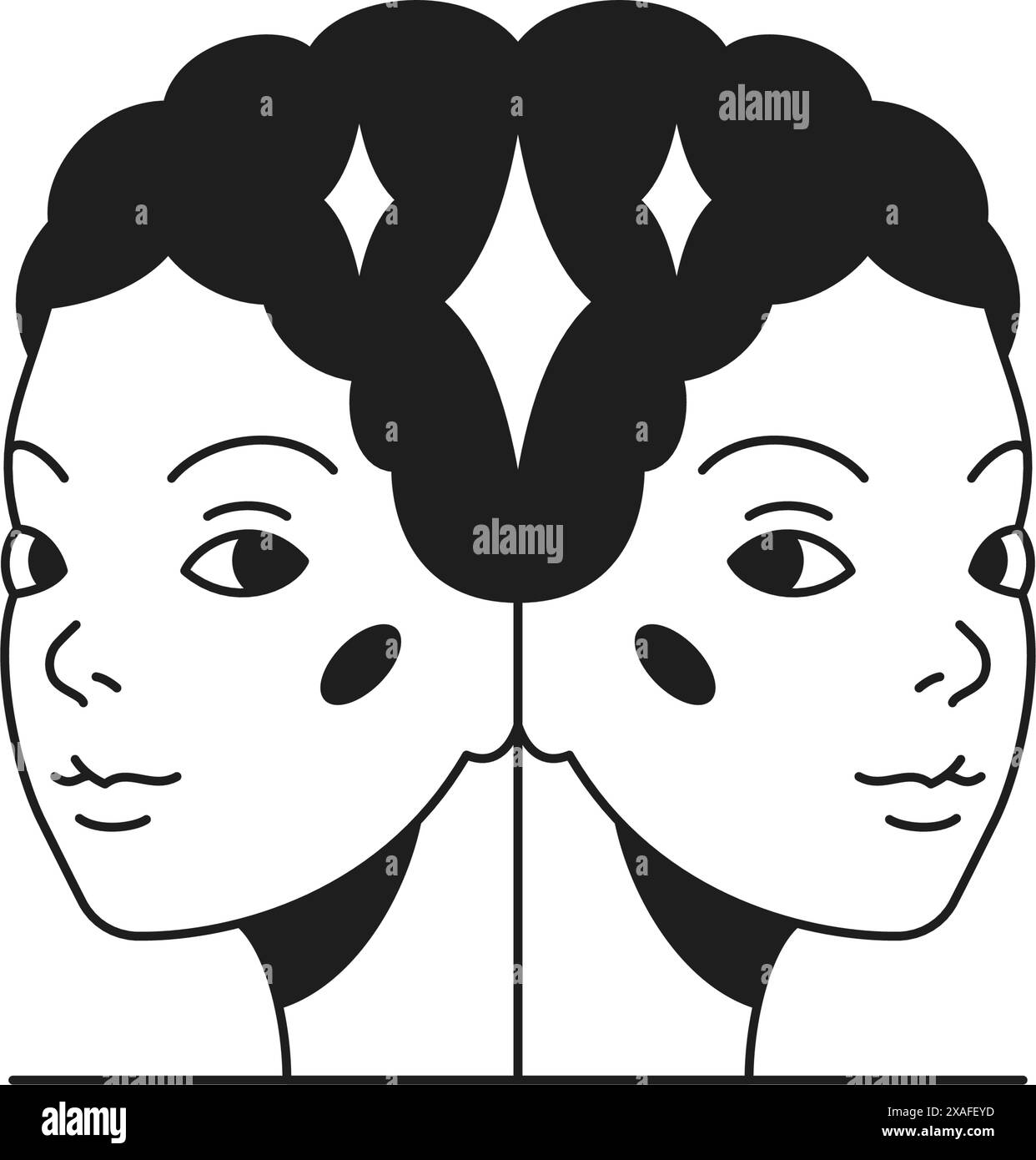 Y2K Magic Woman jumeaux face psychédélique monochrome ligne rétro groovy icône illustration vectorielle. Fantaisie bizarre surréaliste portrait féminin sacré hallucinoge Illustration de Vecteur
