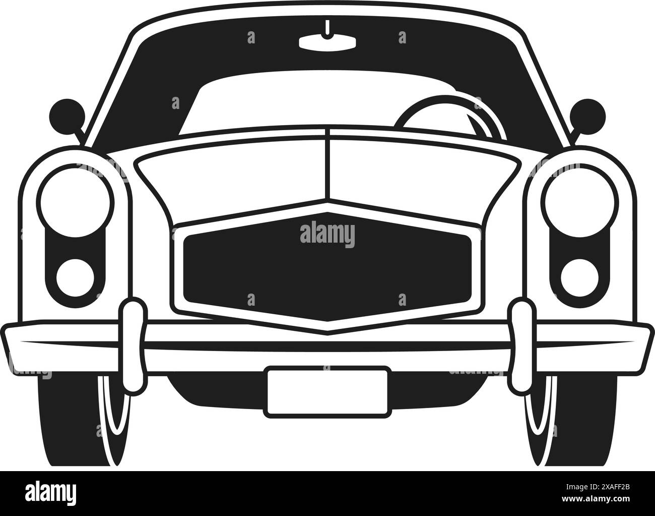 Y2K voiture rétro 60s 70s automobile pour le transport de passagers monochrome ligne groovy illustration vectorielle. Véhicule de transport automobile vintage fr Illustration de Vecteur