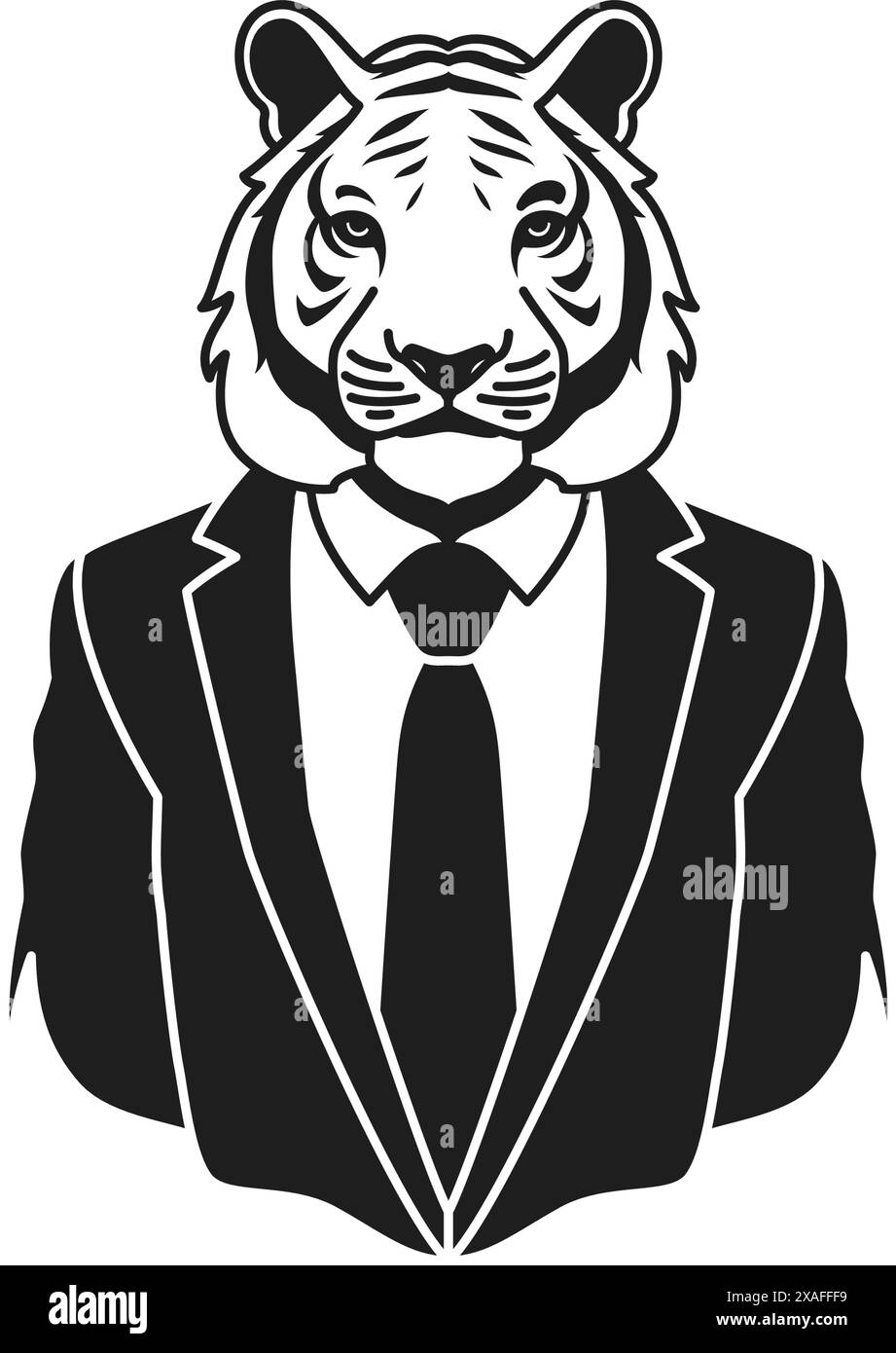 Y2K tigre homme d'affaires en costume de cravate psychédélique monochrome ligne rétro groovy icône illustration vectorielle. Animal sauvage prédateur félin bizarre mode busine Illustration de Vecteur