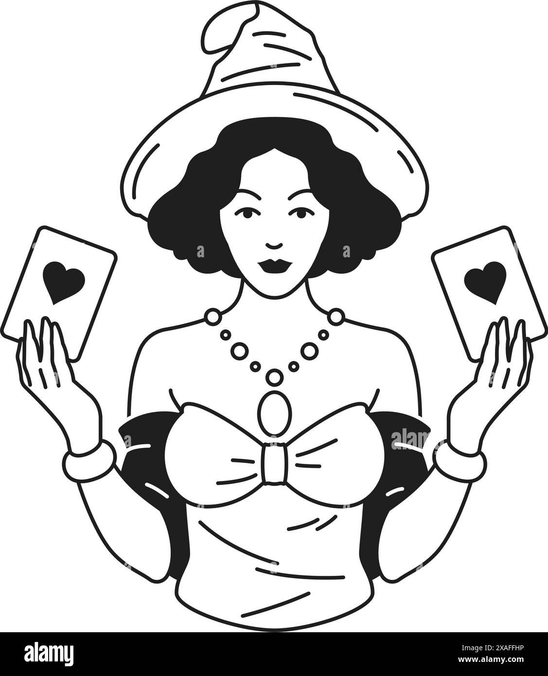 Y2K femme magicien avec carte à jouer coeur amour monochrome ligne rétro groovy icône illustration vectorielle. Sorcière féminine exécutant Trick funfair circu Illustration de Vecteur
