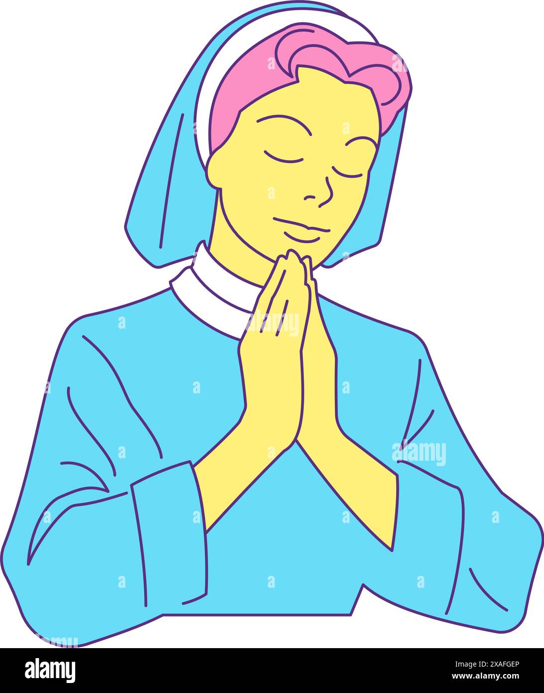 Y2K priant nonne religieuse personnage de dessin animé spirituel groovy style icône illustration plate vectorielle. Sainte femme portrait religion culture prière comique Illustration de Vecteur