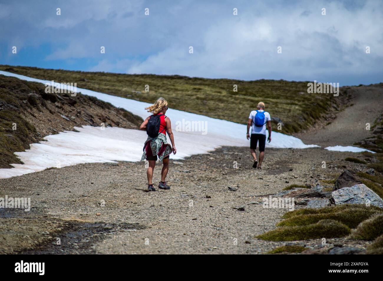 SIERRA NEVADA, ESPAGNE - 11 MAI 2024 : sentier de randonnée jusqu'au pic Mulhacen au printemps dans le parc national de la Sierra Nevada, Espagne, le 11 mai 2024 Banque D'Images