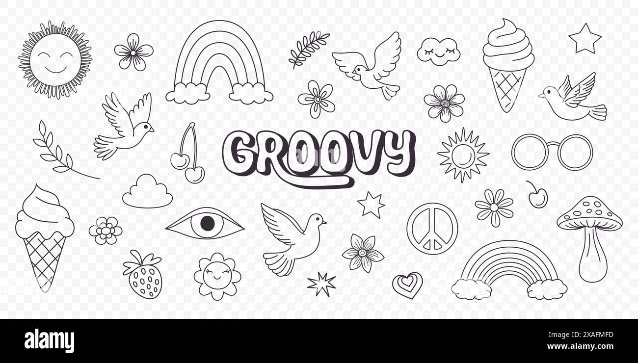Vector Vintage noir et blanc Groovy icônes, éléments de conception pour affiche, conception d'autocollant. Symbole rétro dans le style hippie des années 70, champignon, fleurs, oeil Illustration de Vecteur Vector Vintage noir et blanc Groovy icônes, éléments de conception pour affiche, conception d'autocollant. Symbole rétro dans le style hippie des années 70, champignon, fleurs, oeil Illustration de Vecteur
